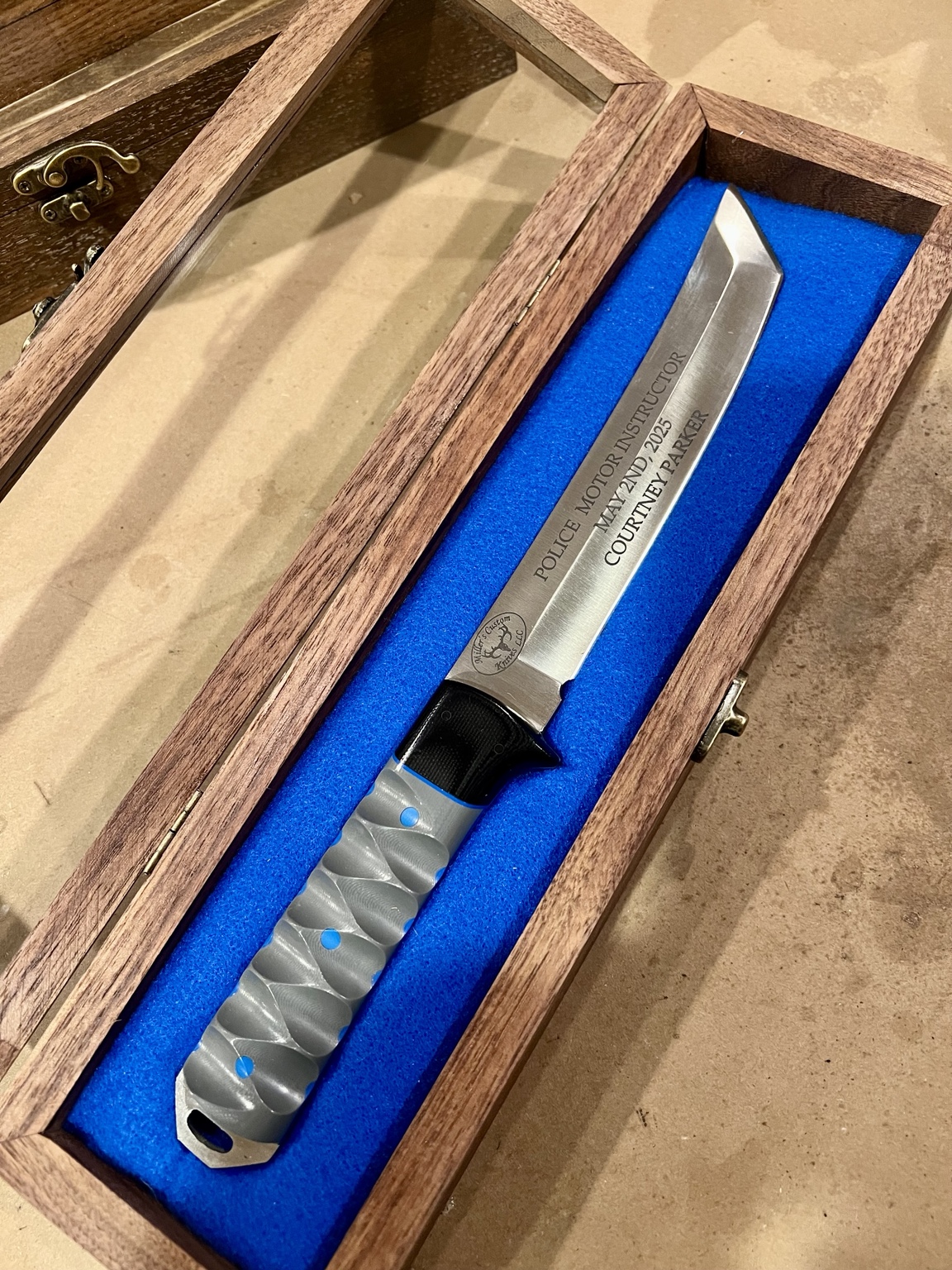 Engraved presentation knife in display box